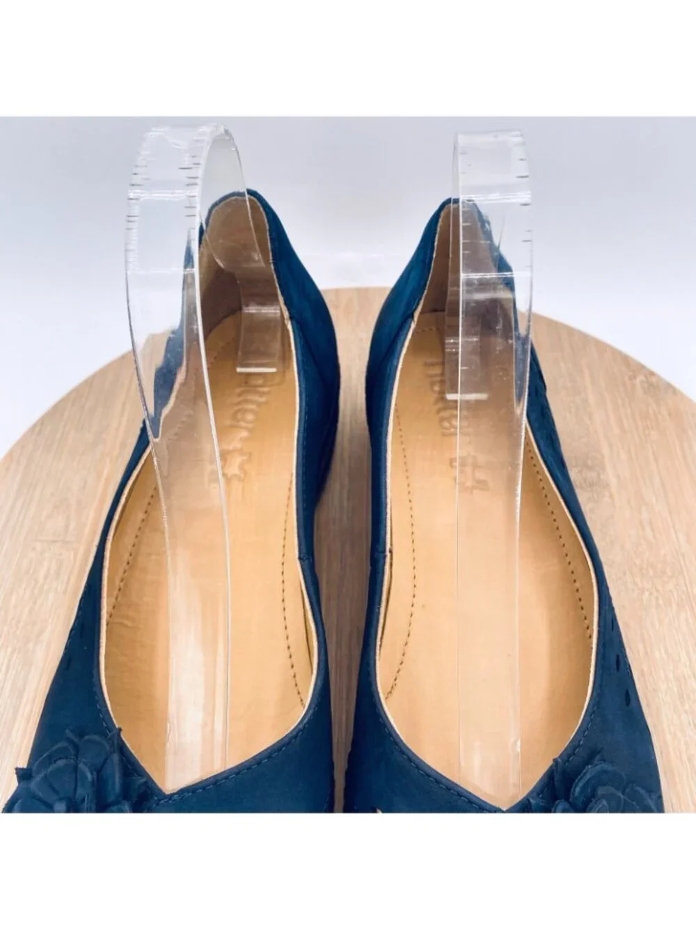 Hotter Shoes Womens 9.5 Blue Leather Slip On Comfort Perforated Flats Flower